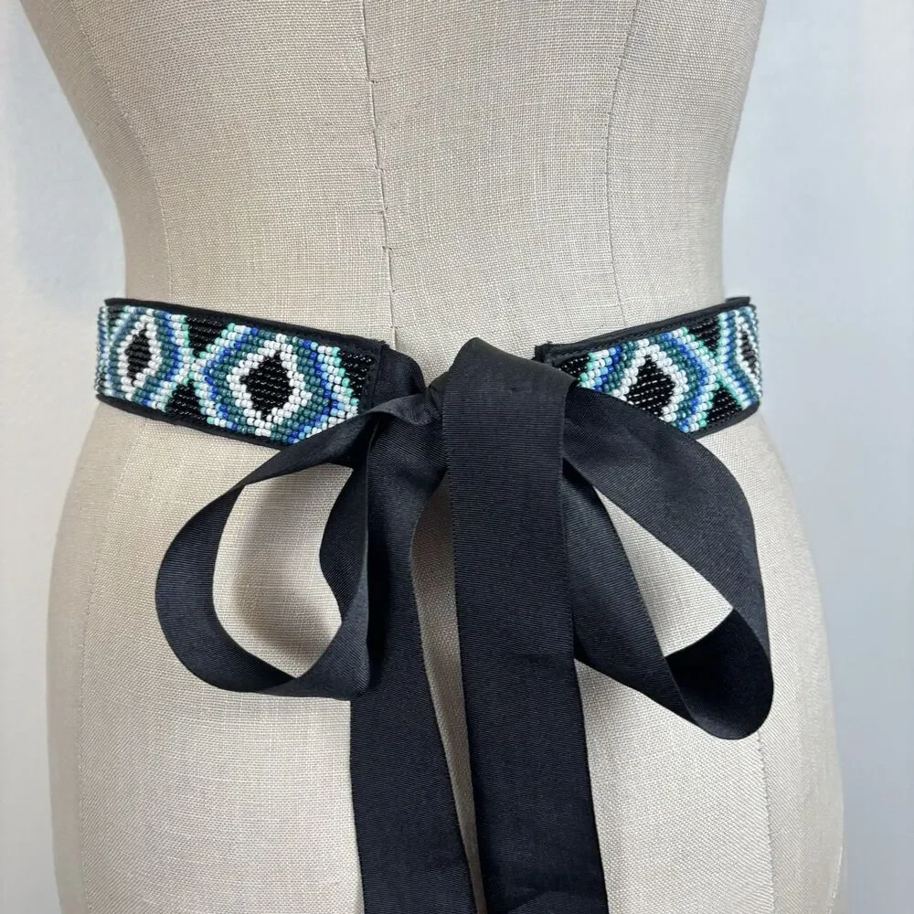 NWT WHITE HOUSE BLACK MARKET Blue & Black Beaded Tie Belt XSmall/Small $58.00